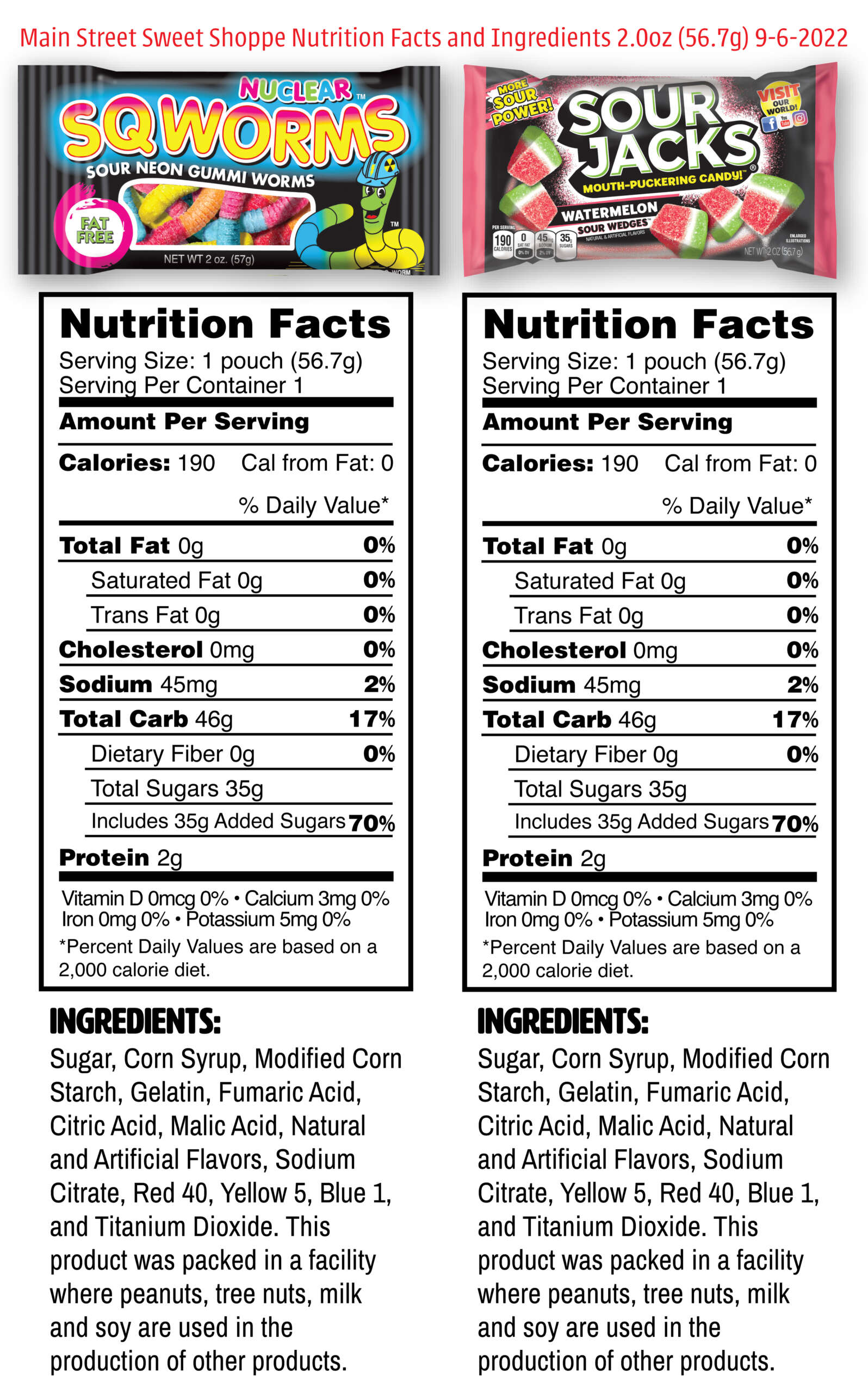 Main Street Sweet Shoppe Nutrition Facts and Ingredients